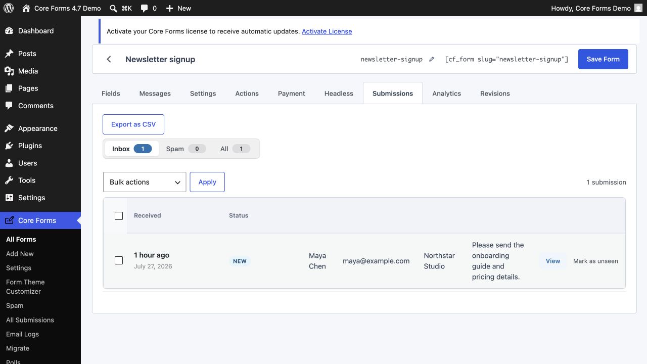 Per-form Submissions list with Inbox + Spam filters