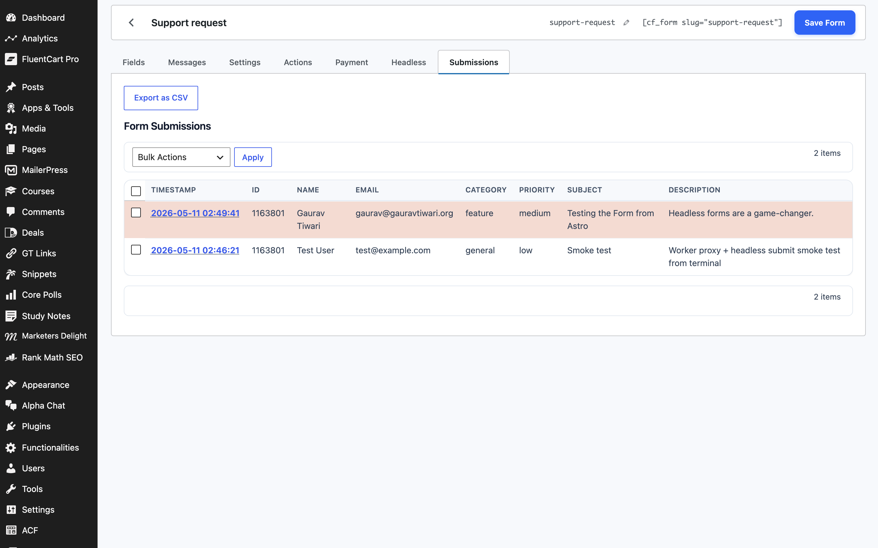 Per-form Submissions list with Inbox / Spam tabs