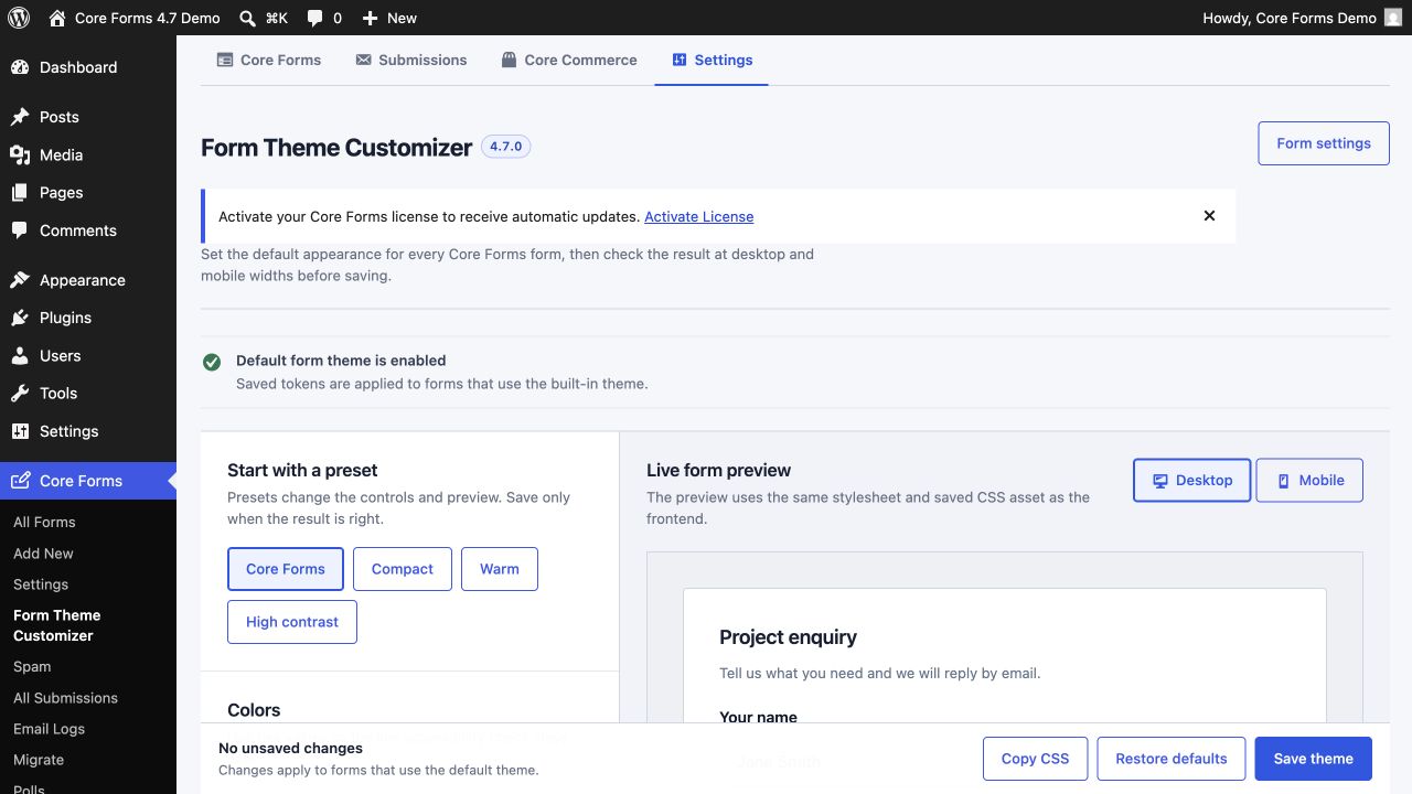 Form Theme Customizer with presets and live form preview