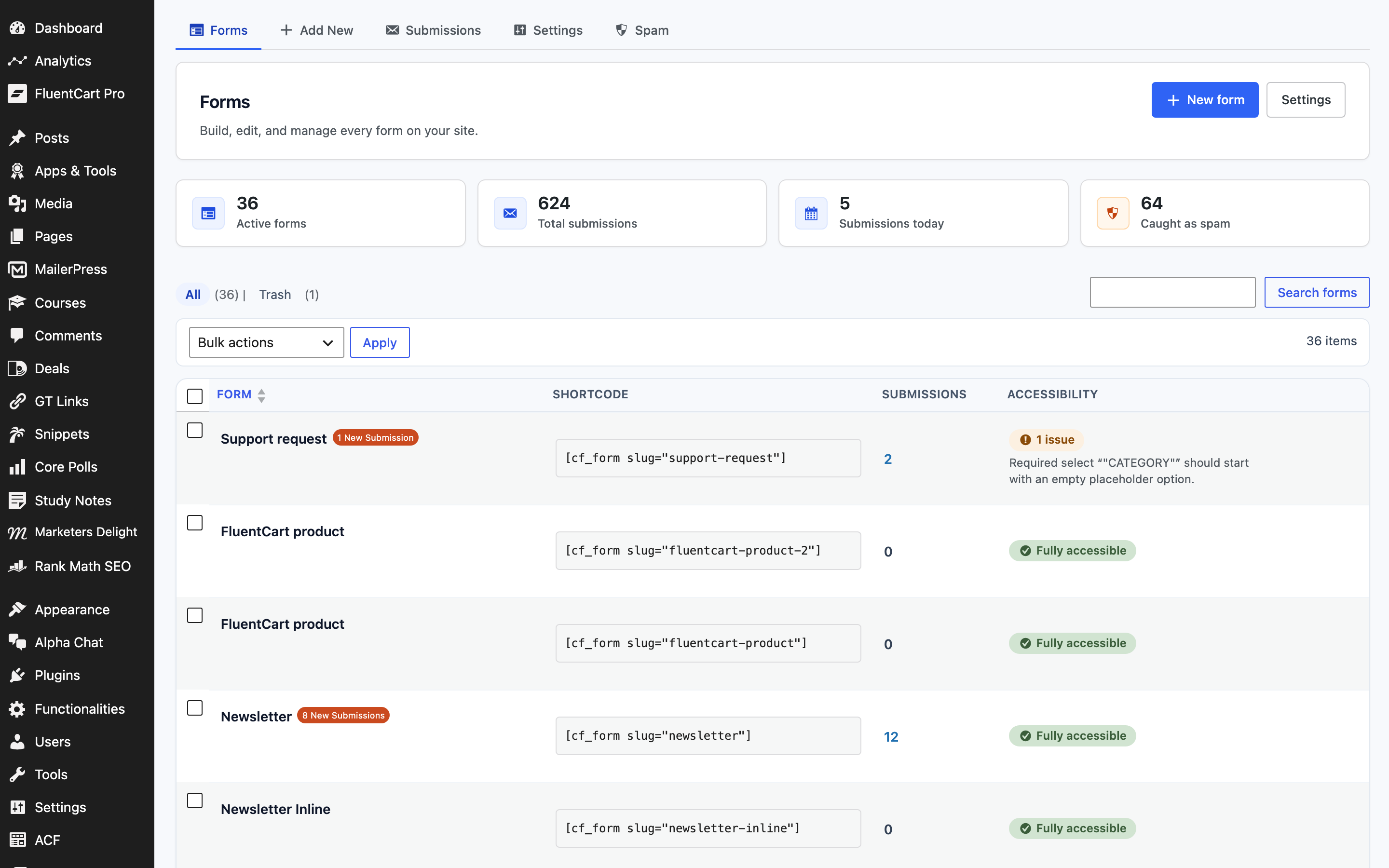 Forms list with accessibility scoring