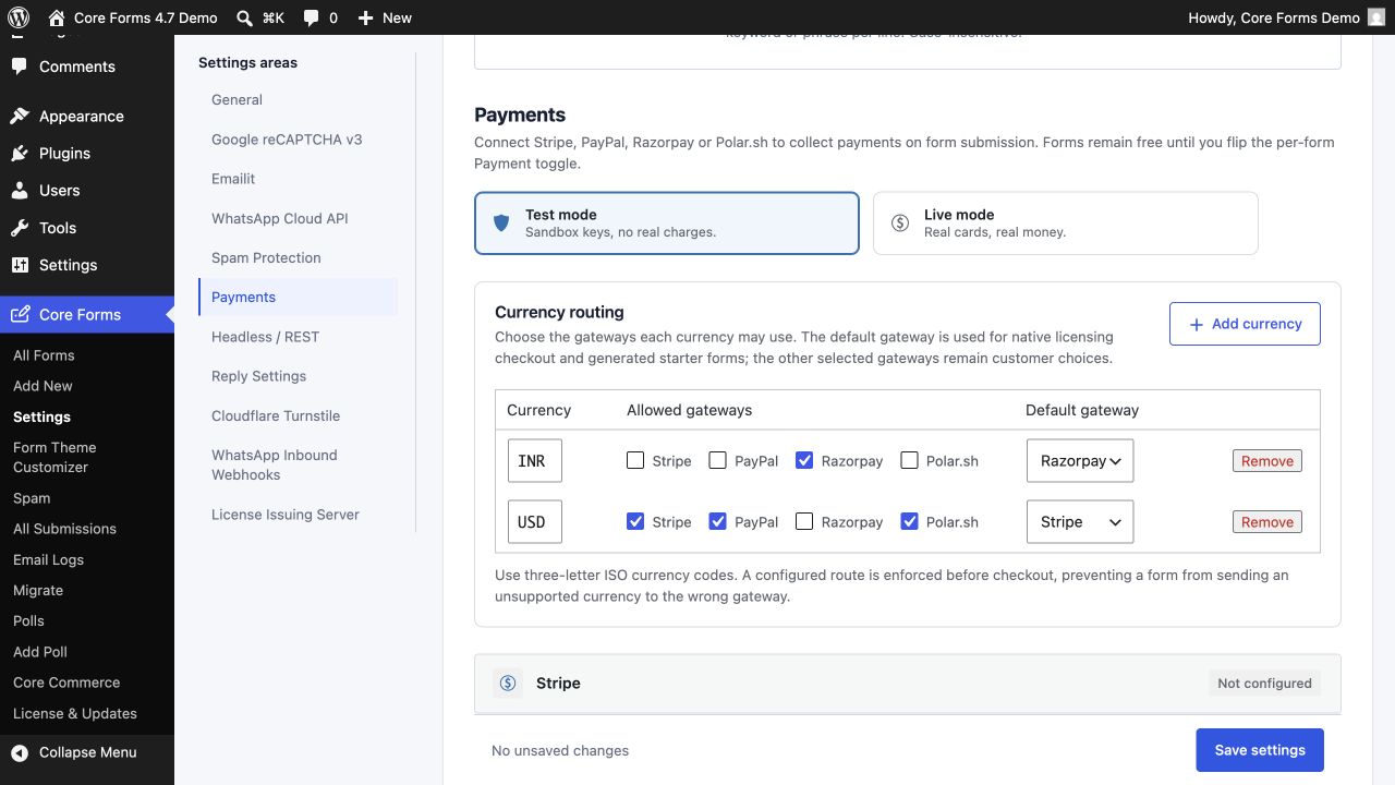 Global Payments settings with all 5 gateways