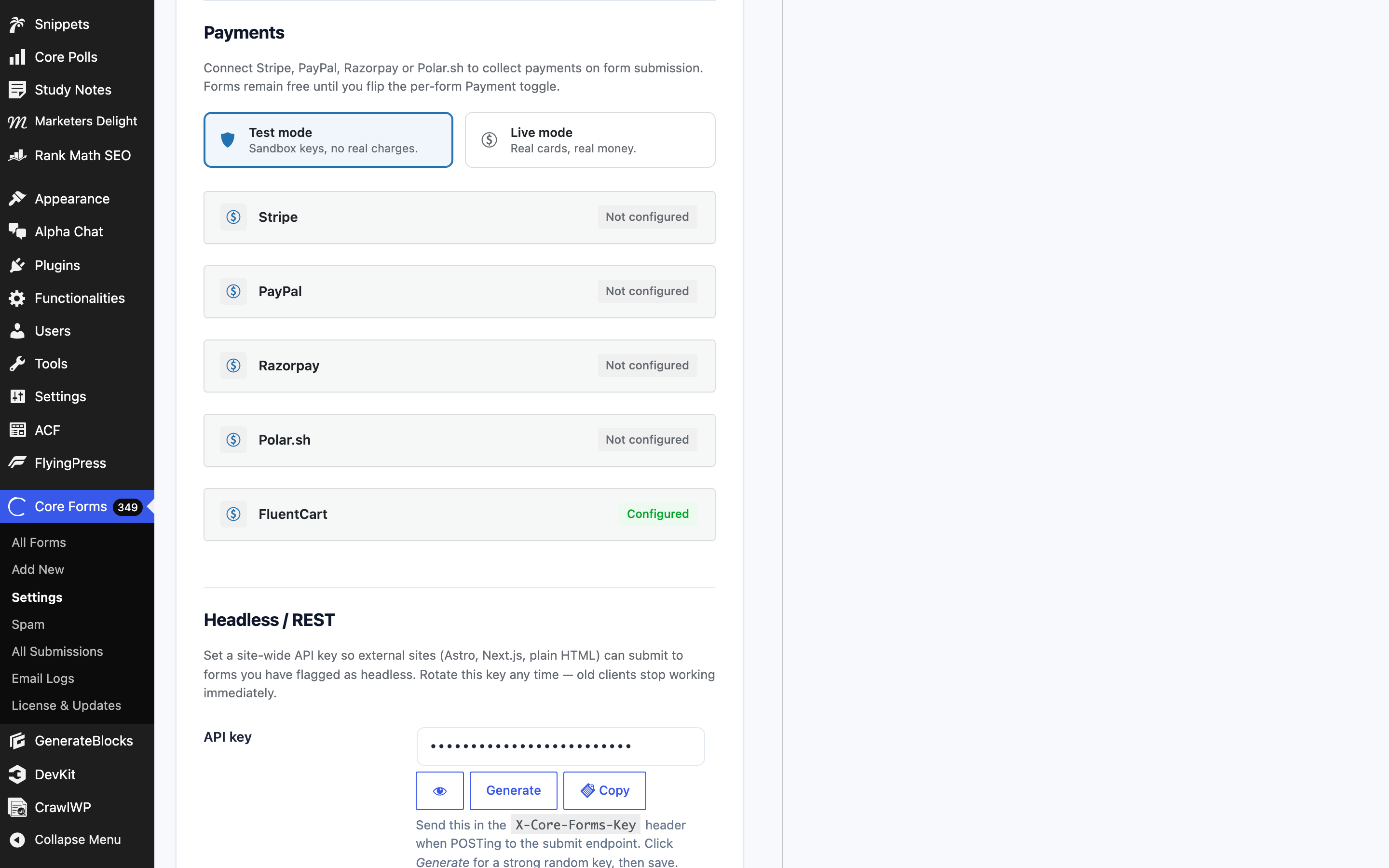 Global Payments settings with all 5 gateways