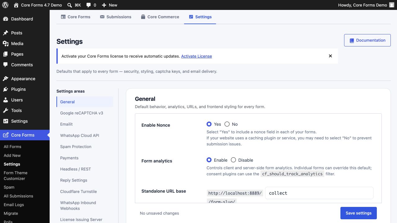 Core Forms global settings screen with the section index on the left and single-column fields