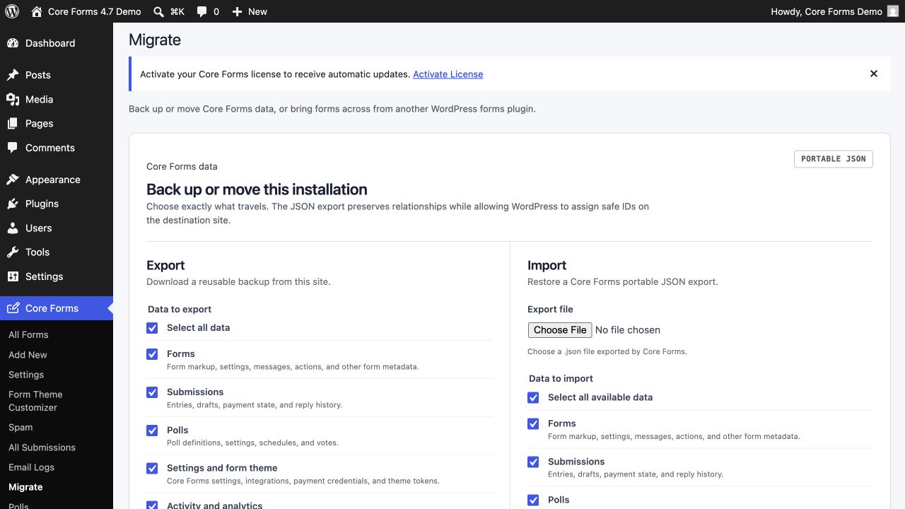 Core Forms Migrate screen with selective JSON export and import controls
