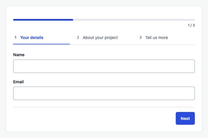 Preview of a three-step Core Forms project inquiry showing Your details, Name and Email fields, a progress indicator, and the Next button