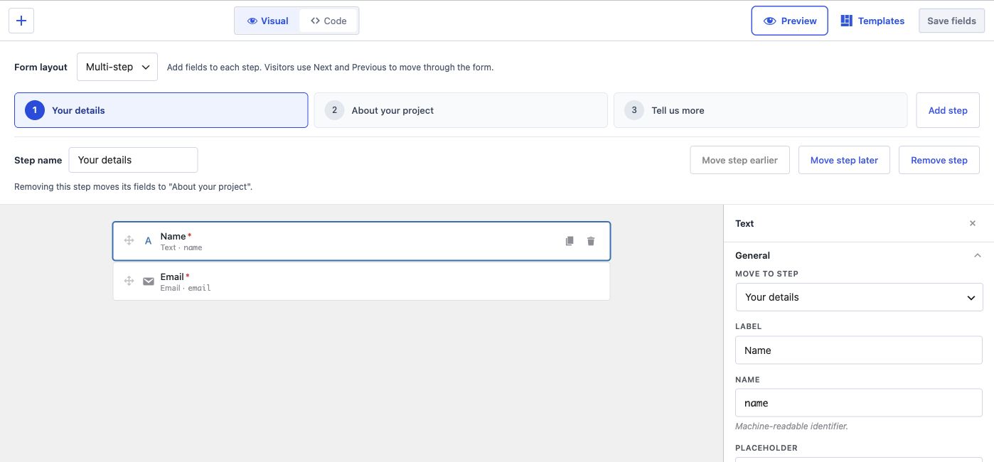 Core Forms visual editor with Multi-step selected, three named steps, and the Move to step control in the field settings