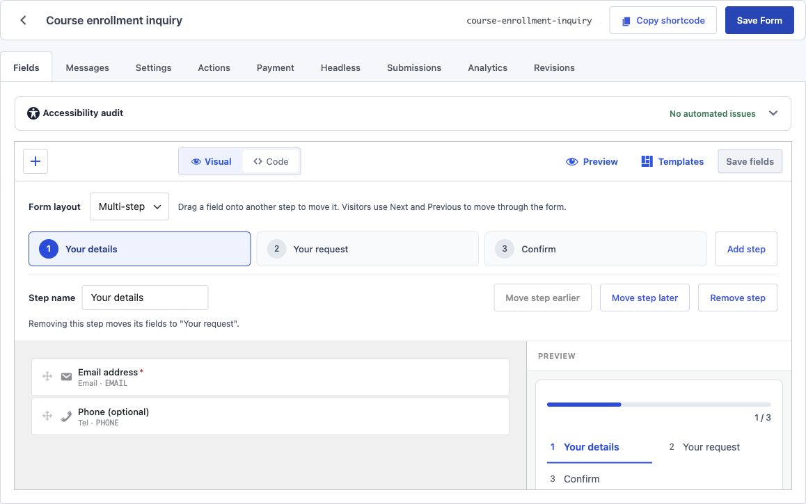 Visual builder with Multi-step selected, three named steps, and step order controls