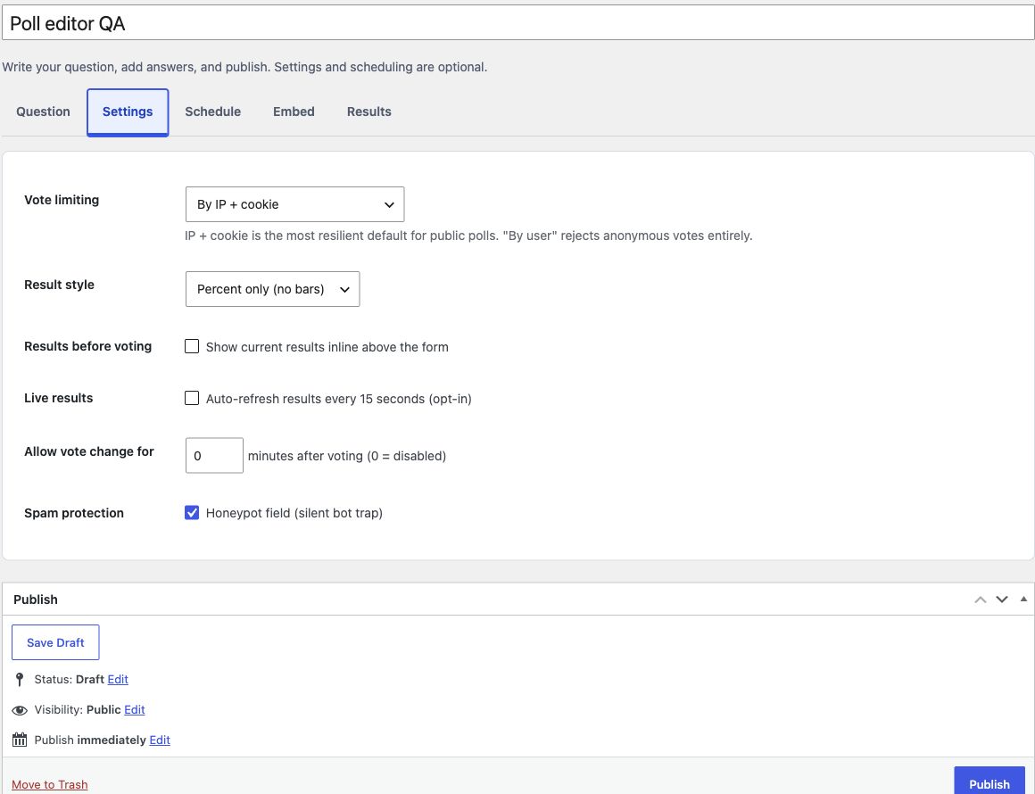 Poll settings showing vote limiting, result style, live results, vote changes, and honeypot protection