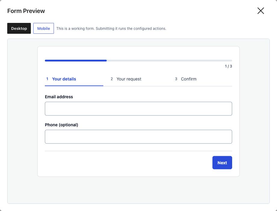 Working multi-step preview with a progress bar, step buttons, email field, and Next button