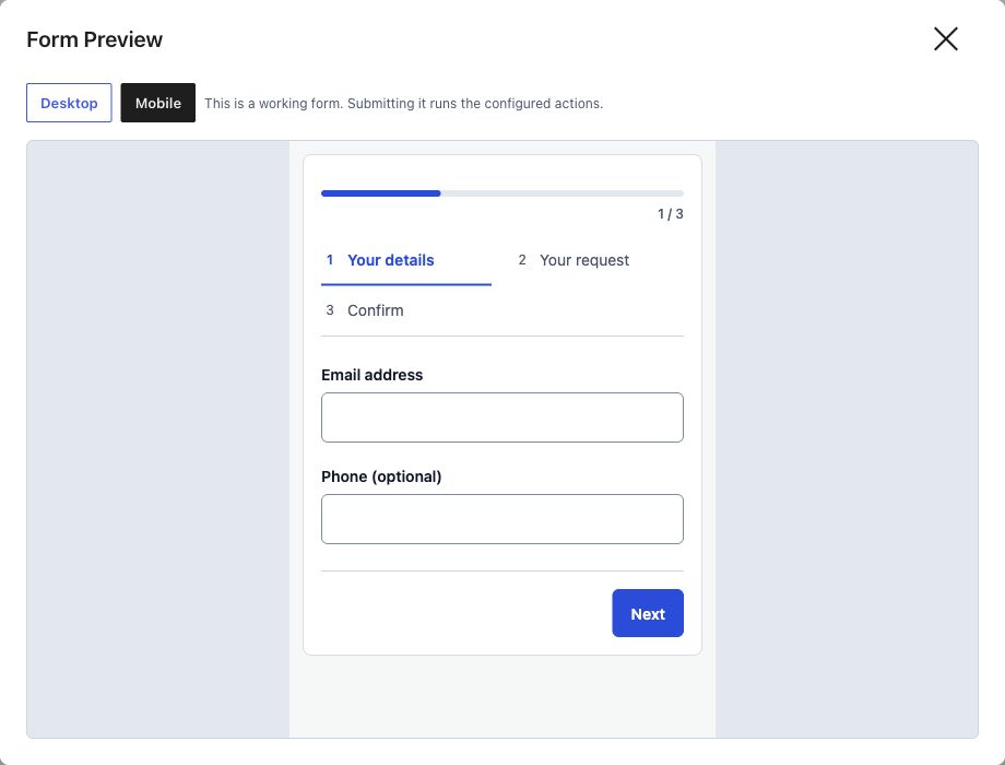 Mobile preview of a multi-step form