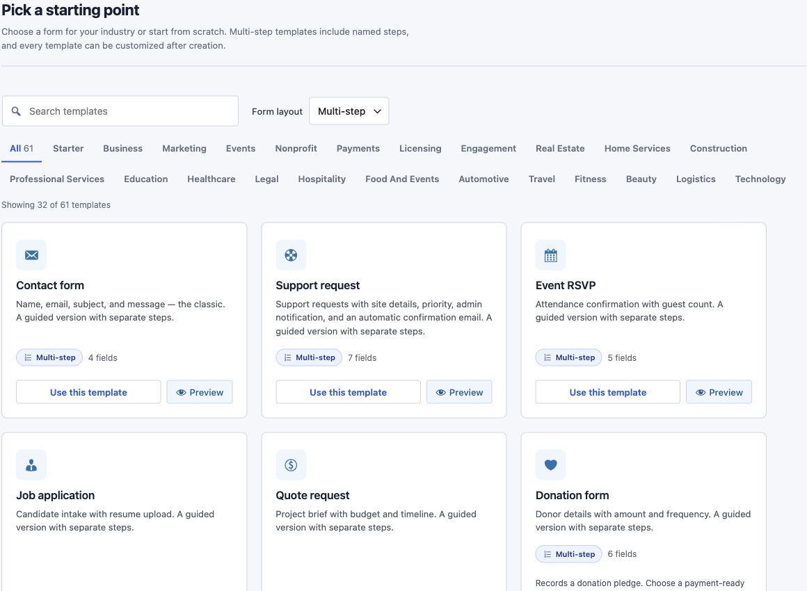Multi-step template gallery with filters and badges