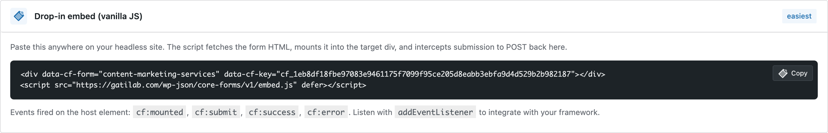 Embed widget snippet card showing the data-cf-form / data-cf-key HTML and the embed.js script tag, with a Copy button