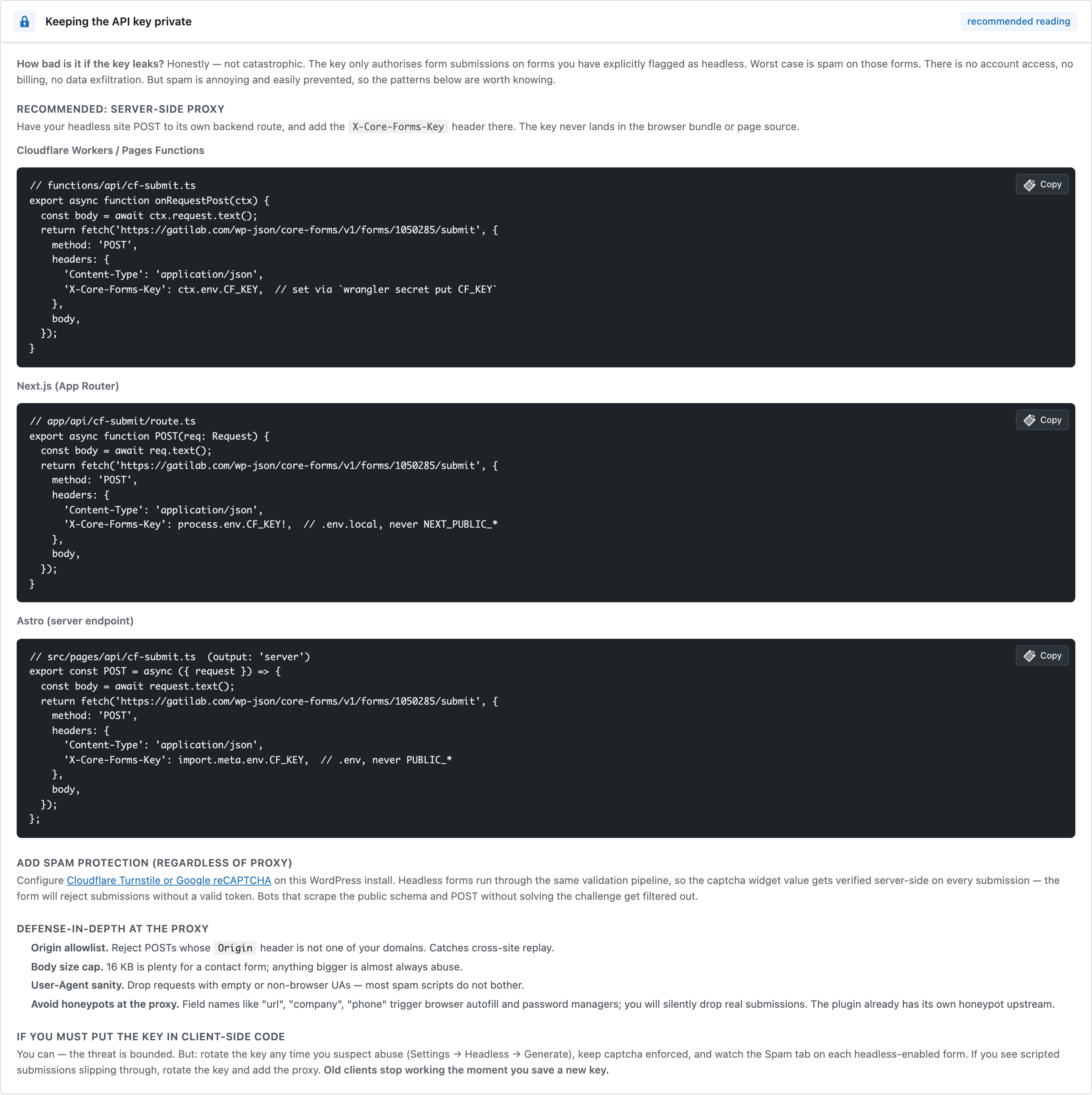Keeping the API key private guidance card with copy-paste server-side proxy templates for Cloudflare Workers, Next.js App Router, and Astro server endpoints